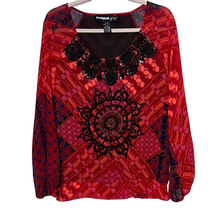 Desigual Red Black Graphic Embellished Blouse